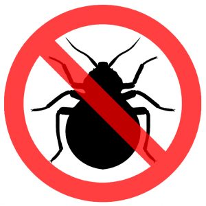 A picture of a black bed bug inside of the red 'do not' general prohibition sign