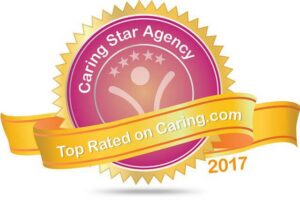 A yellow and pink badge for 'Caring Star Agency - Top Rated on Caring.com 2017'
