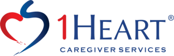 Red and blue heart logo for '1 Heart Caregiver Services'