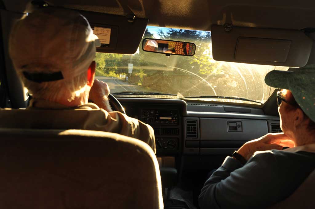 elderly couple driving car