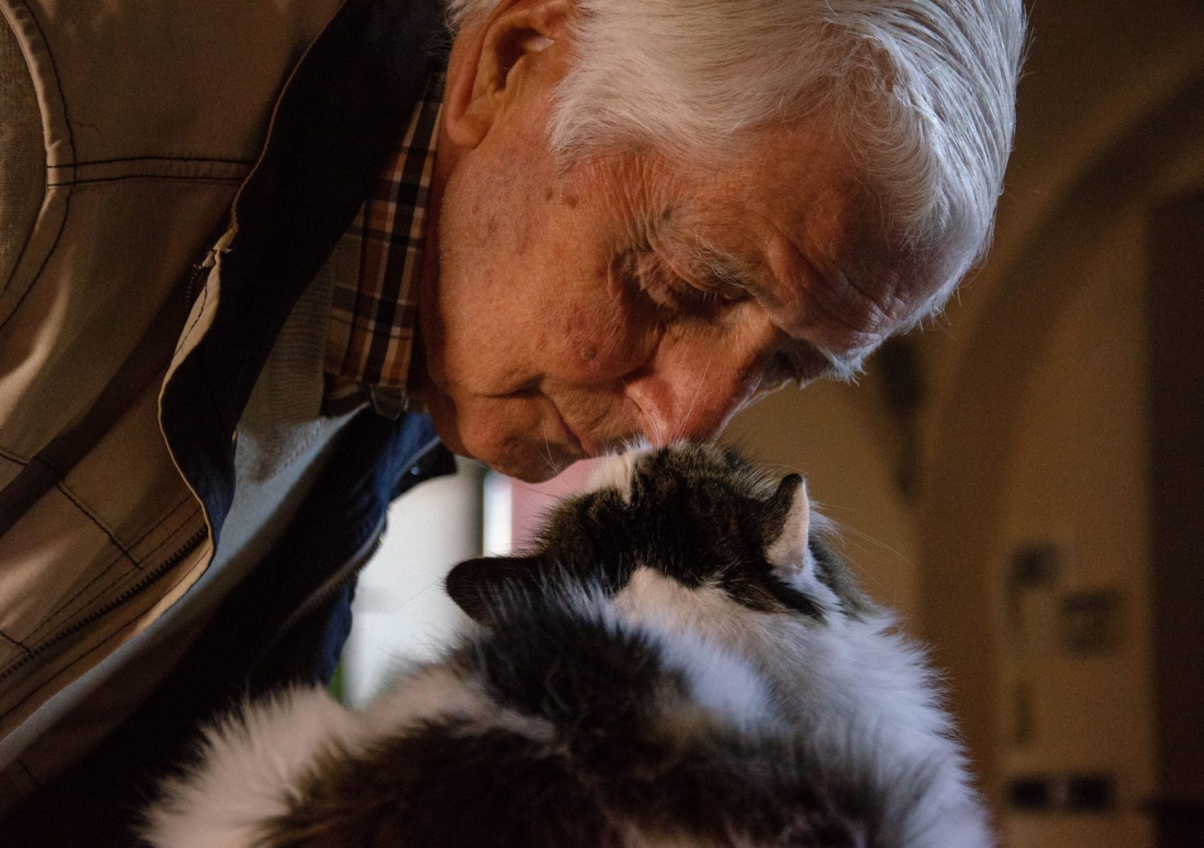 senior man saying hello to his pet cat