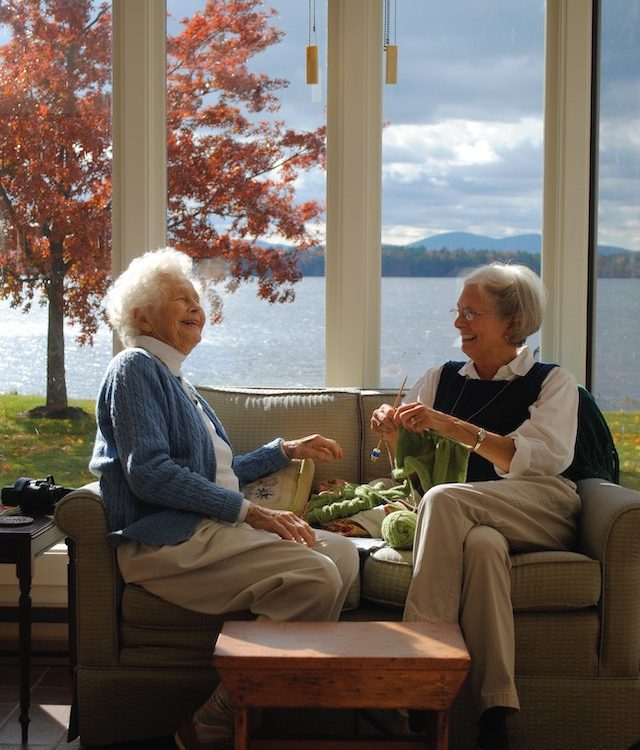 Two seniors knitting on a winter day.